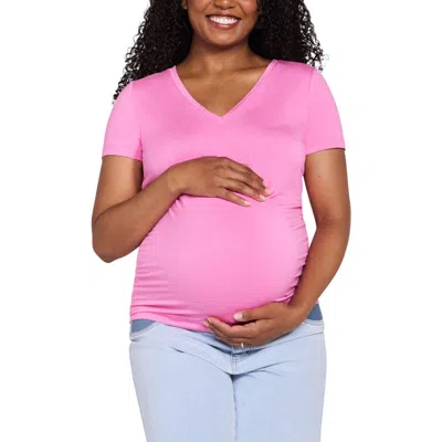 Motherhood Maternity V-neck Side-ruched Maternity Short Sleeve Tee In Pink