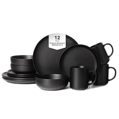 Motionor 12-piece Stoneware Dinnerware Sets With Mugs Microwave & Dishwasher Safe Non-toxic Dinner Plates Bow