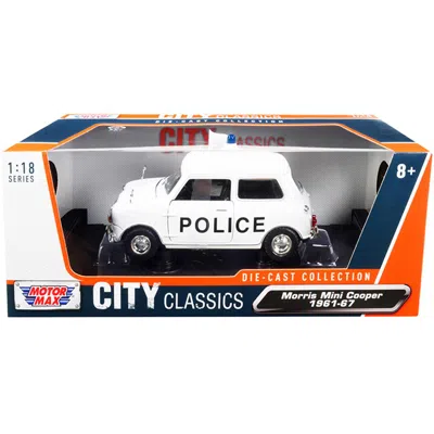 Motormax 1-18 Scale Right Hand Drive 1961-1967 Morris Mini Cooper Police City Classics Diecast Model Car, Whi