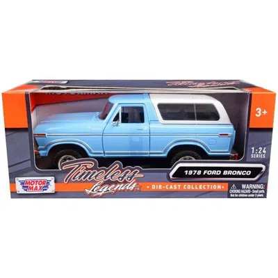 MOTORMAX 1-24 SCALE DIECAST 1978 FORD BRONCO CUSTOM TIMELESS LEGENDS SERIES MODEL CAR LIGHT BLUE & WHITE