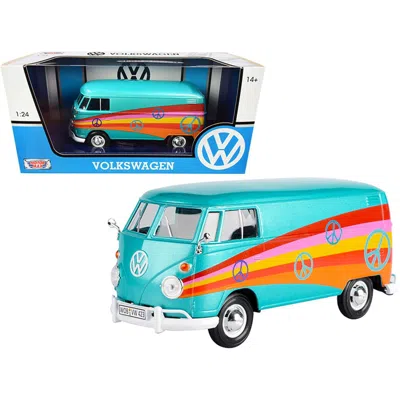 Motormax 1-24 Scale Volkswagen Type 2 Delivery Van Peace Diecast Model Car, Turquoise Metallic In Blue