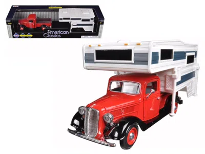 Motormax 1937 Ford Pickup Truck With Camper Shell Red And White 1/24 Diecast Model Car By