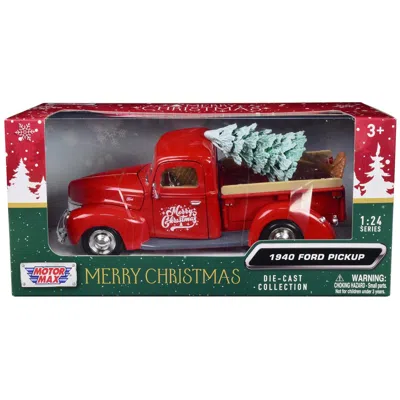 Motormax 1940 Ford Pickup Truck Merry Christmas With Tree Accessory 1-24 Scale Diecast Model Car Red