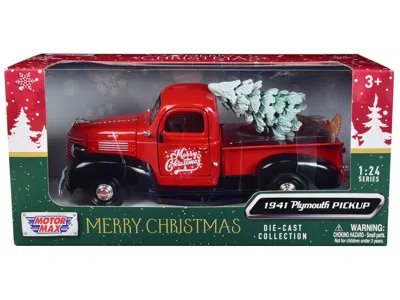 Motormax 1941 Plymouth Pickup Truck Red And Black "merry Christmas" With Tree Accessory 1/24 Diecast Model Ca