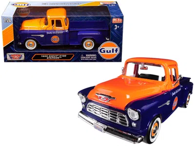 Motormax 1955 Chevrolet 5100 Stepside Pickup Truck "gulf" Dark Blue And Orange 1/24 Diecast Model Car By Moto