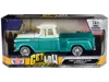 Motormax 1957 Chevrolet 3100 Stepside Pickup Truck Lowrider Turquoise Metallic And White With White Interior 