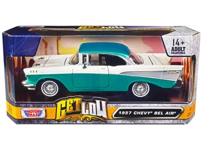 Motormax 1957 Chevrolet Bel Air Lowrider Turquoise Metallic And White "get Low" Series 1/24 Diecast Model Car