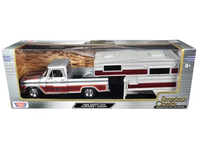 MOTORMAX 1966 CHEVROLET C10 FLEETSIDE PICKUP TRUCK SILVER METALLIC WITH BROWN SIDES WITH CAMPER SHELL "AMERIC