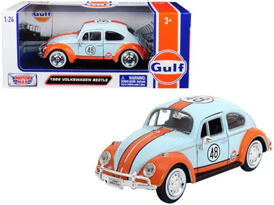 Motormax 1966 Volkswagen Beetle #48 With "gulf" Livery Light Blue With Orange Stripe 1/24 Diecast Model Car B
