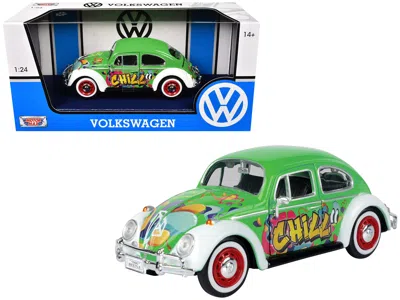 Motormax 1966 Volkswagen Beetle Green With Graffiti Graphics 1/24 Diecast Model Car By