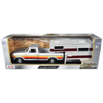 Motormax 1979 Ford F-150 Custom Pickup Truck Silver Metallic With Side Stripes With Camper Shell American Cla