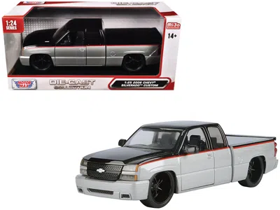 Motormax 2006 Chevrolet Silverado Custom Pickup Truck Silver Metallic And Black With Red Stripes "die-cast Co In Multi