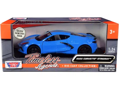 Motormax 2020 Chevrolet Corvette C8 Stingray Blue With Silver Racing Stripes "timeless Legends" 1/24 Diecast 