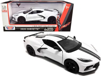 Motormax 2020 Chevrolet Corvette C8 Stingray White With Gray Stripes 1/24 Diecast Model Car By