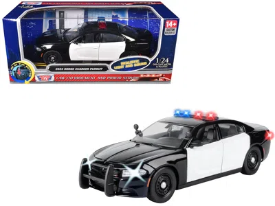 Motormax 2023 Dodge Charger Pursuit Police Car Black And White With Flashing Light Bar Front And