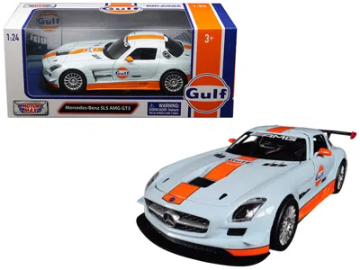 Motormax Mercedes Benz Sls Amg Gt3 With "gulf" Livery Light Blue With Orange Stripe 1/24 Diecast Model Car By