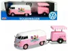 Motormax Volkswagen T1 Delivery Van With Ice-cream Trailer Pink And White "ice-cream Shop" 1/24 Diecast Model In Multi