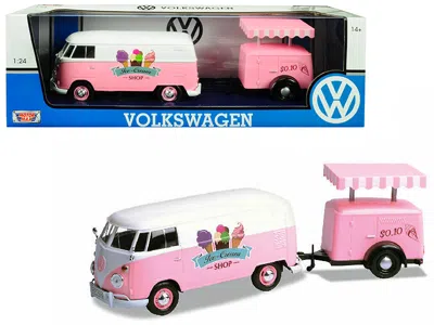 Motormax Volkswagen T1 Delivery Van With Ice-cream Trailer Pink And White "ice-cream Shop" 1/24 Diecast Model In Multi