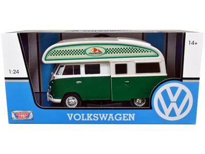 Motormax Volkswagen Type 2 (t1) Camper Van Green And White "outdoor Camping Explore The Forest" 1/24 Diecast
