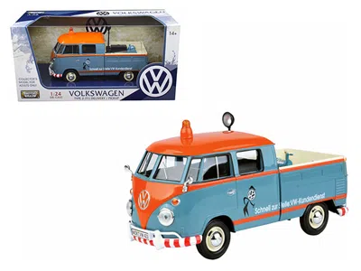Motormax Volkswagen Type 2 (t1) Delivery Service Pickup Truck Blue And Orange "vw-kundendienst" 1/24 Diecast