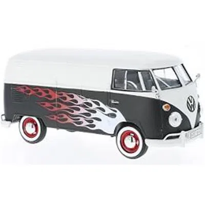 Motormax Volkswagen Type 2 T1 Delivery Van With Flames 1 Isto 24 Diecast Car Model, White & Black
