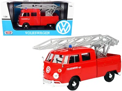 Motormax Volkswagen Type 2 (t1) Fire Truck With Aerial Ladder "feuerwehr" Red 1/24 Diecast Model Car By Motor