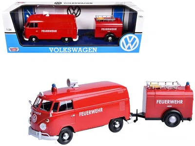Motormax Volkswagen Type 2 (t1) Fire Van With Fire Fighting Trailer "feuerwehr" Red 1/24 Diecast Model Car By
