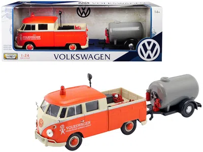 Motormax Volkswagen Type 2 (t1) Pickup Truck Orange And Cream With Oil Trailer "road Service" 1/24 Diecast Mo In Multi