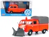 Motormax Volkswagen Type 2 (t1) Pickup Truck Orange With Snow Plow And Camper Shell 1/24 Diecast Model Car By