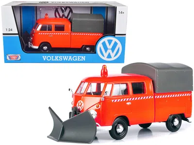 Motormax Volkswagen Type 2 (t1) Pickup Truck Orange With Snow Plow And Camper Shell 1/24 Diecast Model Car By