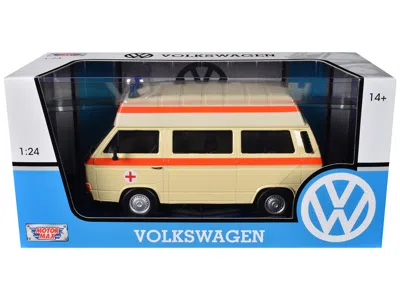 Motormax Volkswagen Type 2 (t3) High Roof Ambulance Cream With Orange Stripes 1/24 Diecast Model Car By Motor