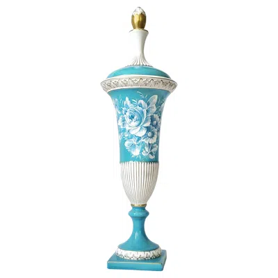 Pre-owned Mottahedeh 1950s Capodimonte Turquoise Blue Porcelain Hand Painted Lidded Urn Vase