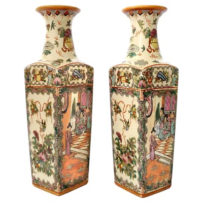 Pre-owned Mottahedeh Antique Canton Famille Rose Medallion Vases, Qing Dynasty Style, 1940s In Red