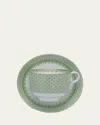 Mottahedeh Apple Lace Tea Cup & Saucer Plate In Lt. Green