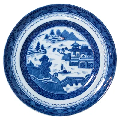 Pre-owned Mottahedeh Blue Canton Porcelain Plate With Blue And White Chinese Landscape