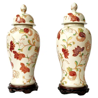 Pre-owned Mottahedeh Huge Vintage 1980s Pair Chinese Porcelain Temple Ginger Jars & New Wood Stands In Brown