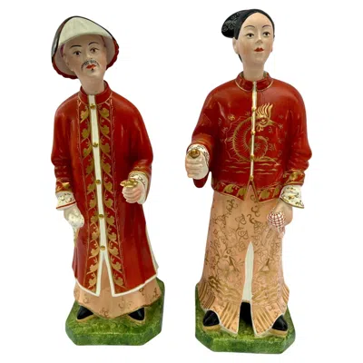 Pre-owned Mottahedeh Pair Italian Chinoiseries Porcelain Nodding Head Figures, , Italy. In Brown