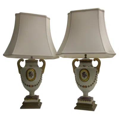 Pre-owned Mottahedeh Pair Of Cobalt Porcelain Urn Lamps, Hand-painted, Italy In Blue