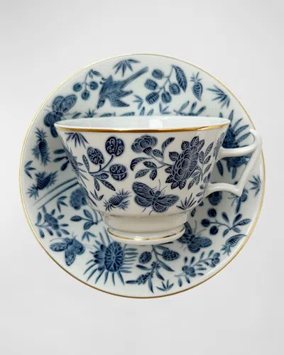 Mottahedeh Sacred Bird & Butterfly Teacup & Saucer In Blue