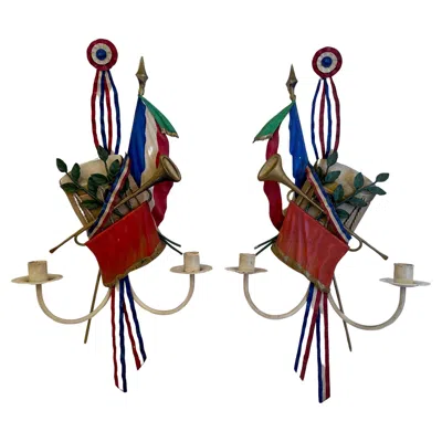 Pre-owned Mottahedeh Vintage  Pair Of French Style Painted Tole & Iron Candle Sconces In Black
