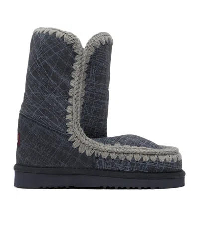 Mou Blue 24 Shearling Boots In Gfden Graffiti Denim