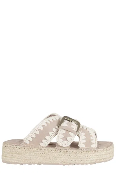 Mou Beige Jute Crochet Trim Adjustable Strap Suede Sandals In Black