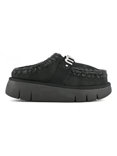 MOU BOUNCE BLACK MULES WITH LOGO LETTERING AND OPEN REAR IN SUEDE WOMAN