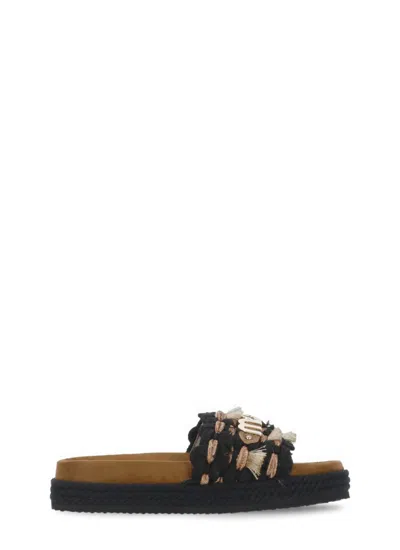Mou Black Leather And Fabric Sandals