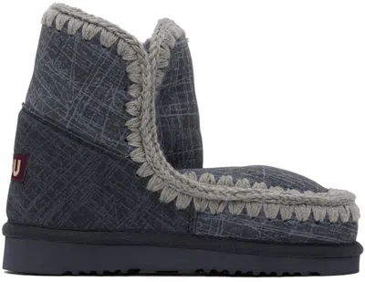 Mou Blue 18 Shearling Boots In Gfden Graffiti Denim