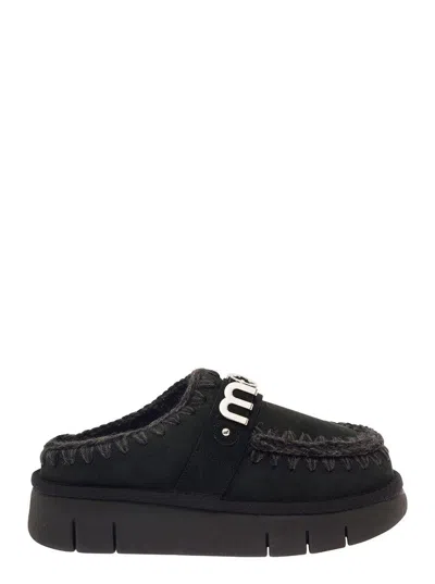 Mou 'bounce' Black Mules With Logo Lettering And Open Rear In Suede Woman