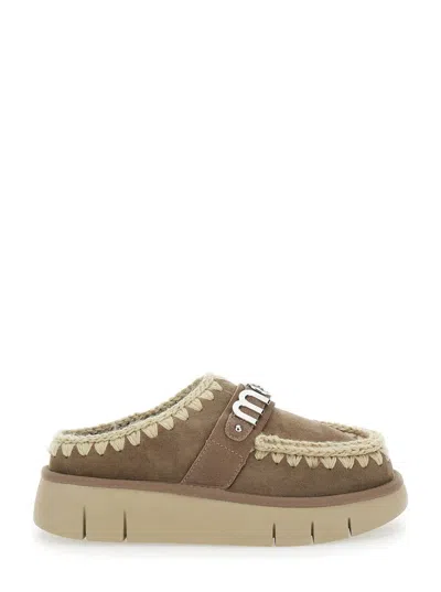 MOU 'BOUNCE' BROWN MULES WITH LOGO LETTERING AND OPEN REAR IN SUEDE WOMAN