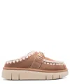 Mou Logo-lettering Crochet-trim Suede Mules In Brown