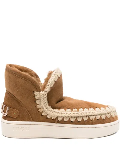 Mou Braided-detail Suede Boots In Brown