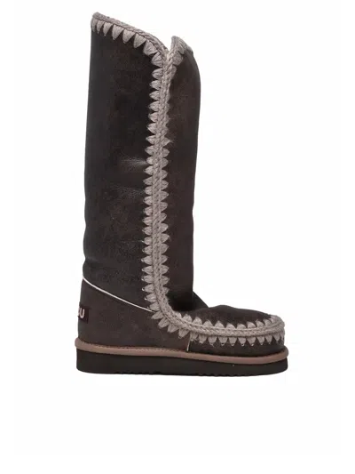 Mou Brown Leather Wool Eskimo Boots In Black
